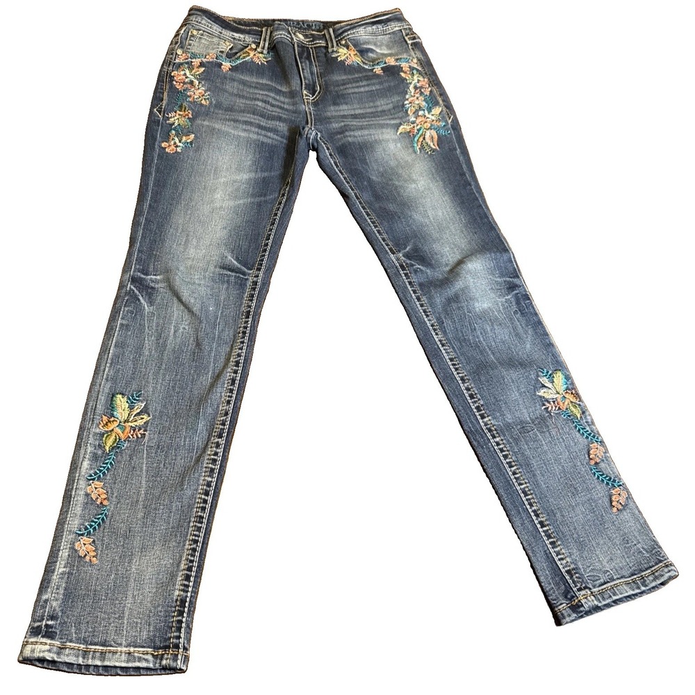 Grace In LA Womens Jeans 29 Blue Floral Embroidered Distressed Bootcut